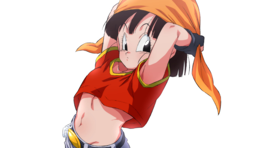 1girl arms_behind_head arms_up bandana bangs belt black_belt black_eyes black_gloves black_hair blunt_bangs breasts commentary dragon_ball dragon_ball_gt fingerless_gloves gloves grey_pants looking_at_viewer midriff navel orange_bandana pan_(dragon_ball) pants red_shirt rom_(20) shirt short_hair small_breasts