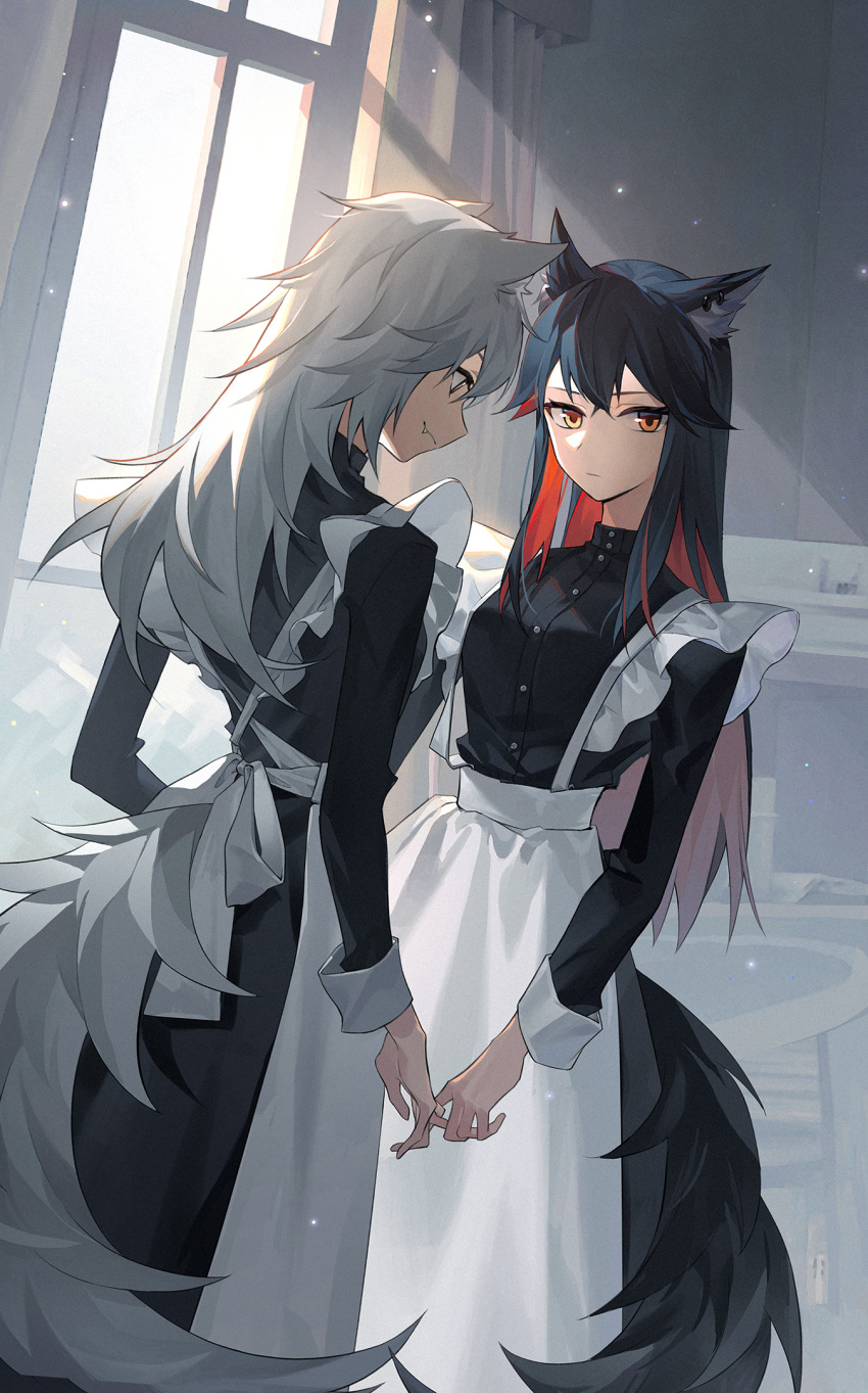 2girls alternate_costume animal_ear_fluff animal_ears apron arknights black_dress black_hair breasts colored_inner_hair cowboy_shot dress enmaided grey_eyes grey_hair highres holding_hands indoors lappland_(arknights) long_hair long_sleeves looking_at_another looking_at_viewer maid maid_apron multicolored_hair multiple_girls mumu_(leelee_mumu) redhead small_breasts tail tail_through_clothes texas_(arknights) two-tone_hair white_apron white_wrist_cuffs window wolf_ears wolf_girl wolf_tail yellow_eyes