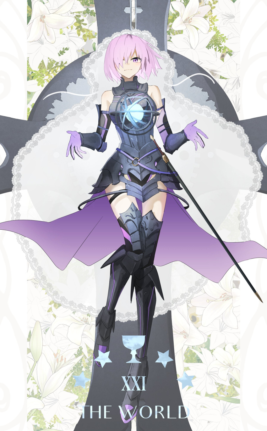 1girl absurdres armor armored_boots armored_dress boots cosplay fate/grand_order fate_(series) gloves hair_over_one_eye highres light_purple_hair looking_at_viewer mash_kyrielight ne_f_g_o purple_gloves short_hair smile solo tarot the_world_(tarot) thigh_boots violet_eyes