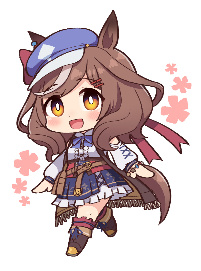 1girl animal_ears boots bow bowtie brown_hair cabbie_hat cherry_blossoms chibi dress frilled_dress frills hair_ornament hairclip hat hat_bow highres horse_ears horse_girl horse_tail long_hair looking_at_viewer matikane_tannhauser_(umamusume) multicolored_hair open_mouth purple_bow purple_bowtie simoyuki smile solo streaked_hair tail umamusume white_background white_hair yellow_eyes