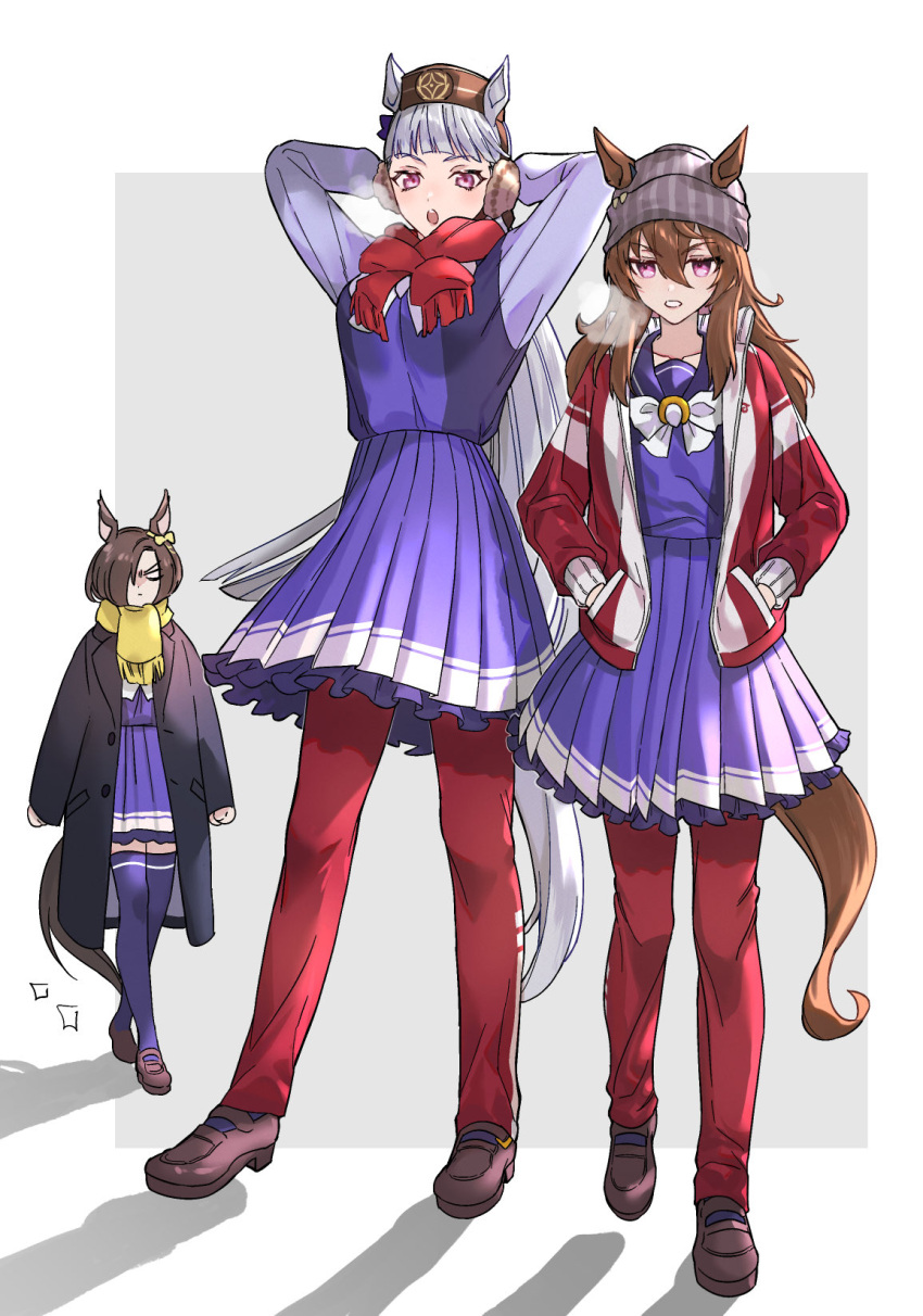 3girls air_groove_(umamusume) animal_ears arms_behind_head bangs beanie black_coat bow bowtie breasts breath brown_footwear brown_hair coat gold_ship_(umamusume) grey_hair hands_in_pockets hat highres horse_ears horse_girl horse_tail jacket long_hair long_sleeves looking_at_viewer medium_breasts meumiharagane multiple_girls nakayama_festa_(umamusume) open_mouth pants pink_eyes pleated_skirt purple_shirt purple_skirt purple_thighhighs red_jacket red_pants scarf school_uniform shadow shirt shoes skirt tail thigh-highs tracen_school_uniform track_jacket umamusume walking white_bow white_bowtie