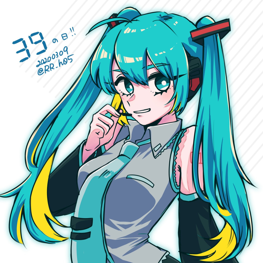 1girl 39 2020 black_sleeves blonde_hair blue_eyes blue_hair blue_necktie collared_shirt colored_inner_hair dated detached_sleeves diagonal_stripes dress_shirt floating_hair grey_shirt grin hatsune_miku headphones headset highres long_hair long_sleeves looking_at_viewer multicolored_hair necktie number_tattoo rhodium_(rh) shirt shoulder_tattoo sleeveless sleeveless_shirt smile solo striped striped_background tattoo twintails twitter_username two-tone_hair very_long_hair vocaloid wing_collar