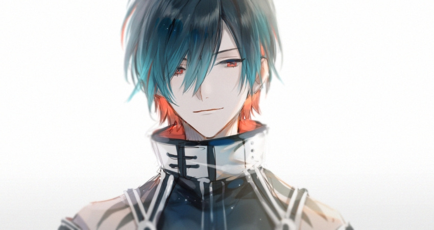 1boy aqua_hair black_hair closed_mouth colored_inner_hair forever_7th_capital hair_between_eyes light_particles looking_at_viewer male_focus multicolored_hair orange_hair portrait renjian_shilian short_hair simple_background smile solo turtleneck white_background zhong_yao