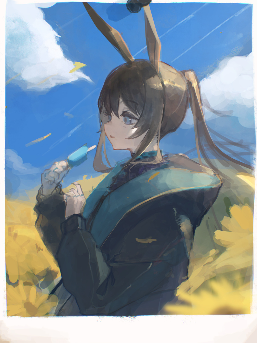 1girl absurdres amiya_(arknights) animal_ears arknights ascot black_ascot black_jacket blue_collar blue_eyes blue_sky border brown_hair clouds cloudy_sky collar field flower flower_field food from_side highres holding_ice_cream hood hood_down hooded_jacket jacket jewelry long_hair long_sleeves mm30212 neck_ring outdoors parted_lips ponytail popsicle profile rabbit_ears rabbit_girl sidelocks sky solo sunflower upper_body white_border yellow_flower