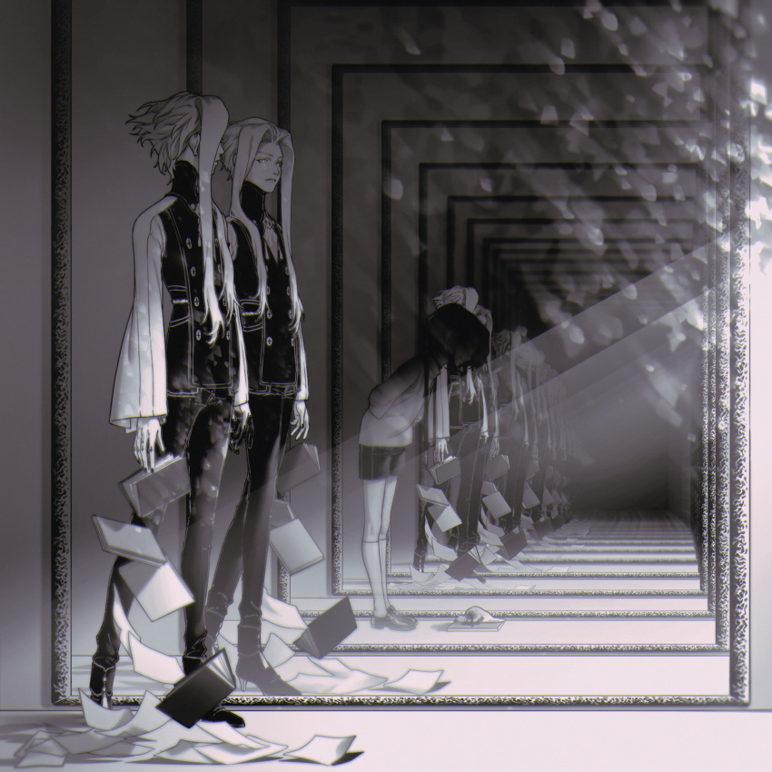 1boy ankle_boots arms_at_sides arms_behind_back book boots bowing commentary different_reflection dropping dual_persona english_commentary forever_7th_capital from_side highres iscario_(forever_7th_capital) kneehighs leaning_forward long_hair long_sleeves looking_at_mirror looking_to_the_side male_focus mirror monochrome pants paper reflection short_hair_with_long_locks shorts socks solo standing sunlight surprised surreal walking yonoka