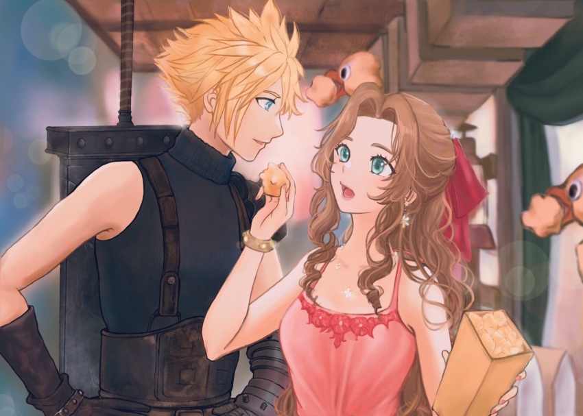 1boy 1girl aerith_gainsborough armor bangle bangs bare_shoulders belt blonde_hair blue_eyes blue_shirt bracelet breasts brown_hair buster_sword chocobo cloud_strife couple dress earrings feeding final_fantasy final_fantasy_vii final_fantasy_vii_remake flower_earrings food food_stand gloves green_eyes hair_ribbon hands_on_hips highres holding holding_food jewelry lenak long_hair looking_at_another medium_breasts multiple_belts necklace official_alternate_costume open_mouth parted_bangs parted_lips pink_dress pink_ribbon ponytail ribbon shirt short_hair shoulder_armor sidelocks sleeveless sleeveless_dress sleeveless_turtleneck smile suspenders turtleneck upper_body wavy_hair weapon weapon_on_back