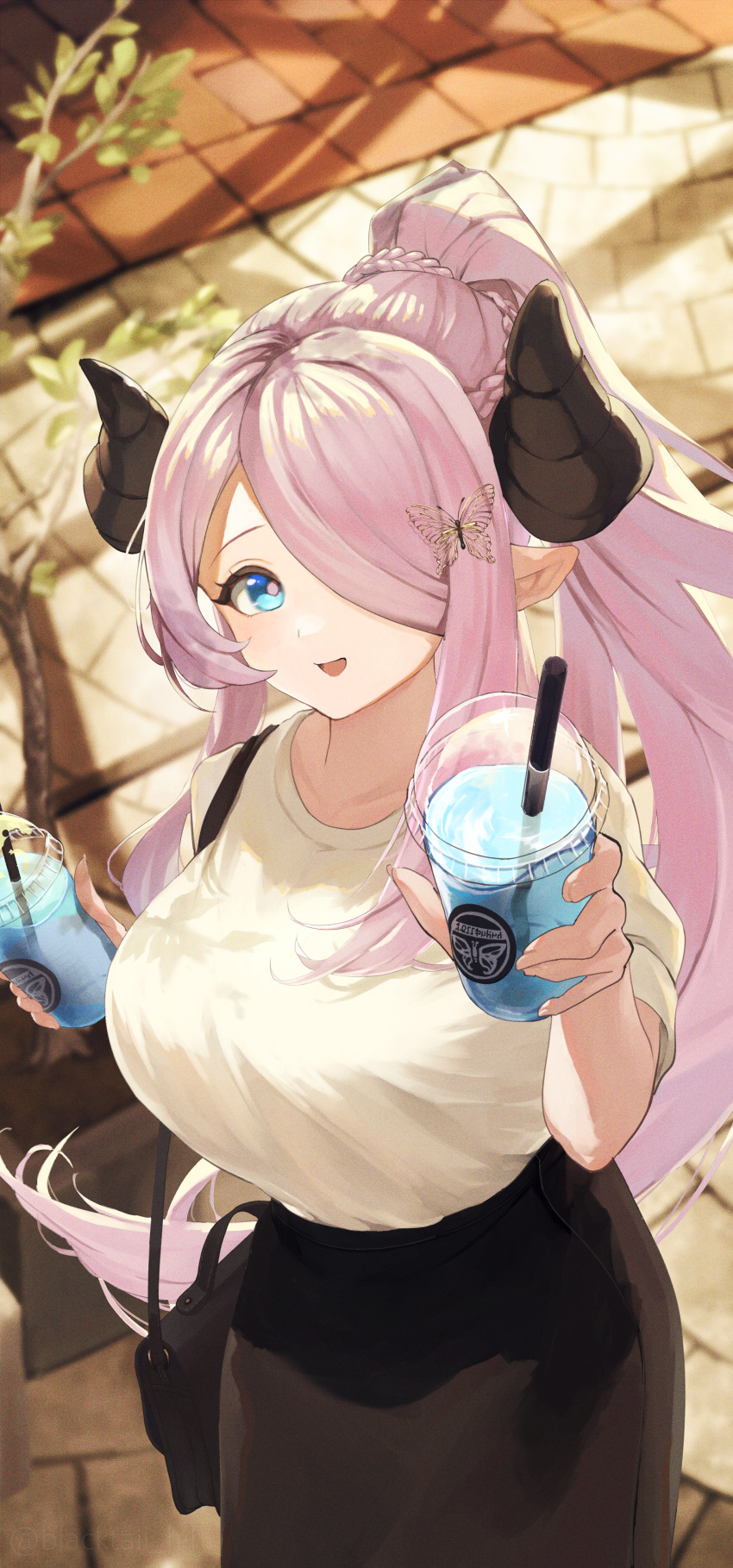 1girl absurdres alternate_costume bag blacktail_hihi blue_eyes braid breasts butterfly_hair_ornament contemporary draph drink granblue_fantasy hair_ornament hair_over_one_eye handbag highres horns large_breasts long_hair long_skirt narmaya_(granblue_fantasy) open_mouth pink_hair pink_pupils pointy_ears ponytail skirt smile solo very_long_hair