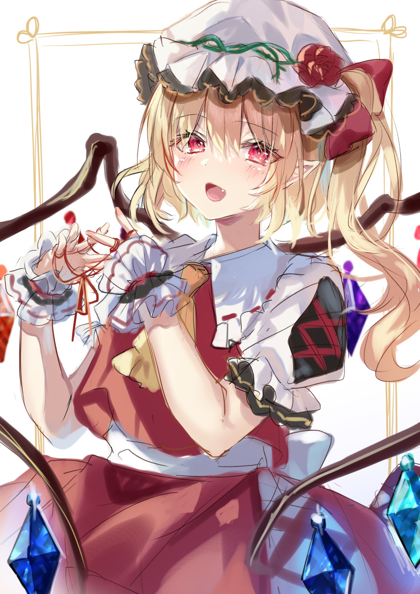 1girl absurdres back_bow bangs blonde_hair bow collarbone crystal fang flandre_day flandre_scarlet flower hair_between_eyes hat hat_flower highres looking_at_viewer mob_cap multicolored_wings one_side_up open_mouth pointy_ears puffy_short_sleeves puffy_sleeves red_eyes red_flower red_rose red_skirt red_vest rose shirt short_sleeves skirt solo touhou user_dtak3787 usushio vest white_background white_bow white_headwear white_shirt wings wrist_cuffs