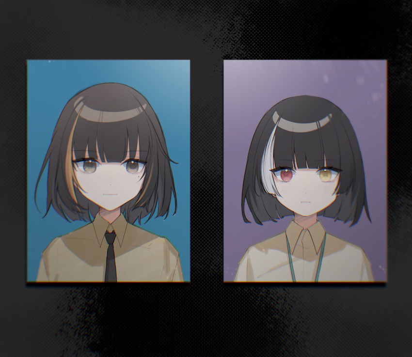 2girls bangs black_hair black_necktie brown_hair closed_mouth collared_shirt commentary_request expressionless girls_frontline heterochromia highres lanyard long_hair looking_at_viewer m16a1_(girls'_frontline) mole mole_under_eye multicolored_hair multiple_girls necktie no_eyepatch portrait portrait_(object) red_eyes ro635_(girls'_frontline) shirt streaked_hair taiyang_ami white_hair yellow_eyes