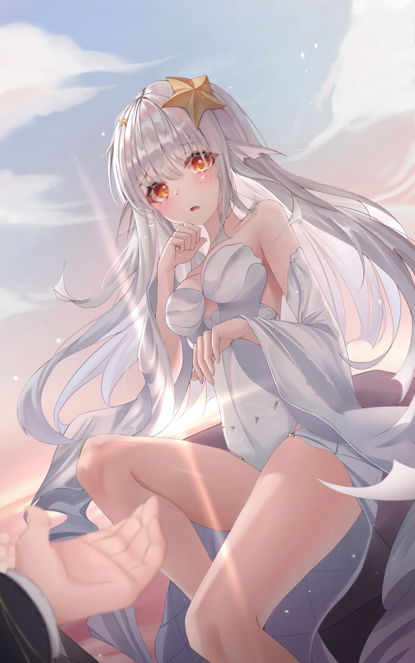 1girl absurdres blue_sky blush clouds cloudy_sky crying crying_with_eyes_open dress grimlight highres little_mermaid_(grimlight) long_hair looking_at_viewer open_mouth orange_eyes outstretched_arm sky starfish_hair_ornament tears white_hair zuu_1028