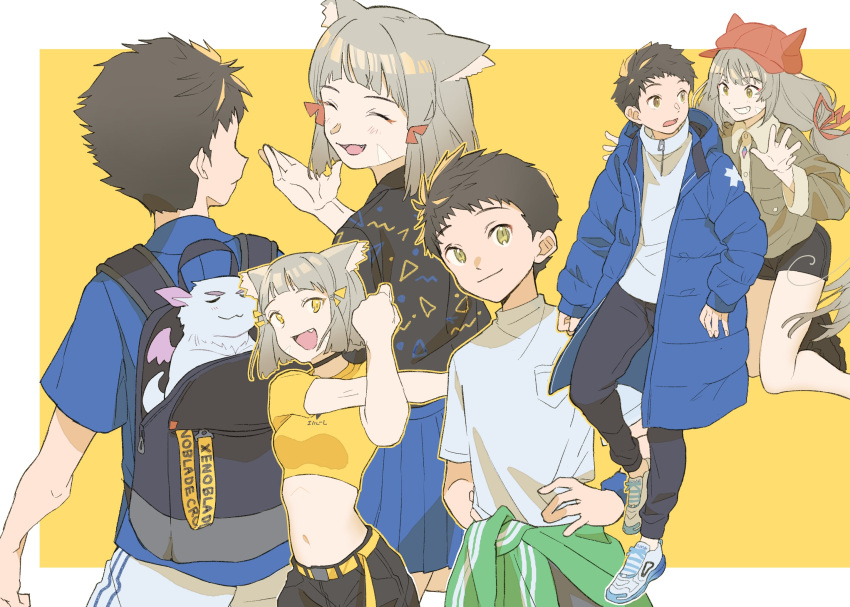 1boy 1girl animal_ears azurda_(xenoblade) backpack bag bangs black_choker black_shorts blue_coat blue_skirt breasts casual cat_ears choker closed_eyes clothes_around_waist coat commentary crop_top facial_mark fang fujie-yz grey_hair hair_ribbon hands_on_hips hat highres long_hair low_twintails multiple_views nia_(xenoblade) open_mouth pleated_skirt red_headwear red_ribbon rex_(xenoblade) ribbon shirt shoes short_shorts shorts simple_background skirt small_breasts sneakers stretching twintails two-tone_background very_long_hair white_shirt xenoblade_chronicles_(series) xenoblade_chronicles_2 yellow_eyes yellow_shirt