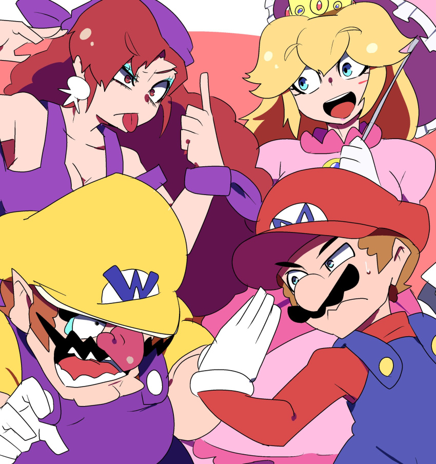 2boys 2girls blonde_hair blue_eyes blue_eyeshadow captain_syrup chicken-rib crown curly_hair dress earrings eyeshadow highres jewelry makeup mario multiple_boys multiple_girls open_mouth parasol pink_dress princess_peach red_eyes redhead smile super_mario_bros. tongue tongue_out umbrella wario wario_land wavy_hair