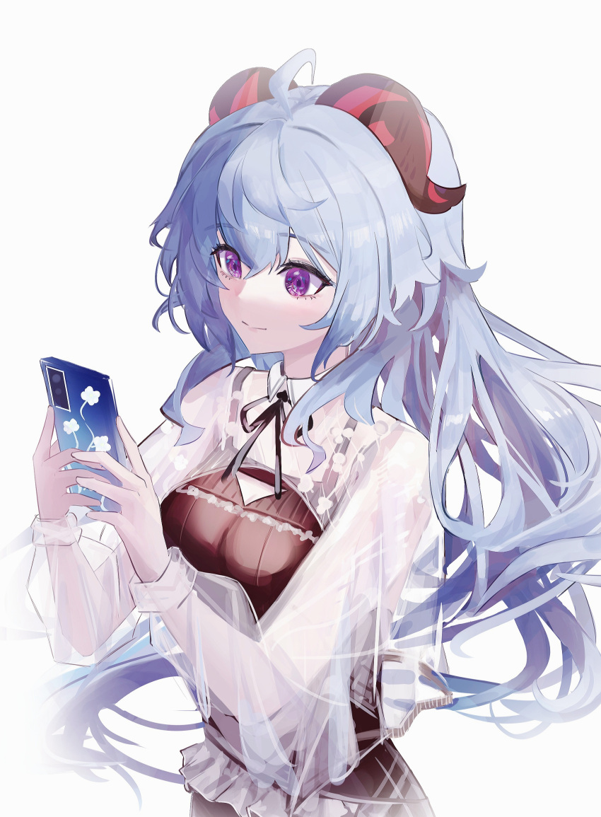 1girl absurdres achib ahoge bangs blue_hair breasts cellphone ganyu_(genshin_impact) genshin_impact highres horns light_smile long_hair looking_at_another medium_breasts phone see-through see-through_sleeves sidelocks solo upper_body violet_eyes white_background
