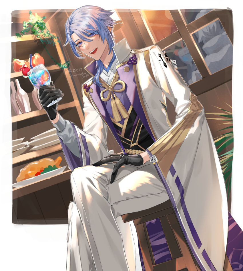 1boy bangs blue_hair bottle commentary_request crossed_legs cup food fruit genshin_impact gloves hair_between_eyes highres hiiro_(coinxtossxdive) holding holding_cup japanese_clothes kamisato_ayato long_sleeves looking_at_viewer male_focus mole mole_under_mouth open_mouth pants plate sitting solo stool tassel tropical_drink violet_eyes wide_sleeves window