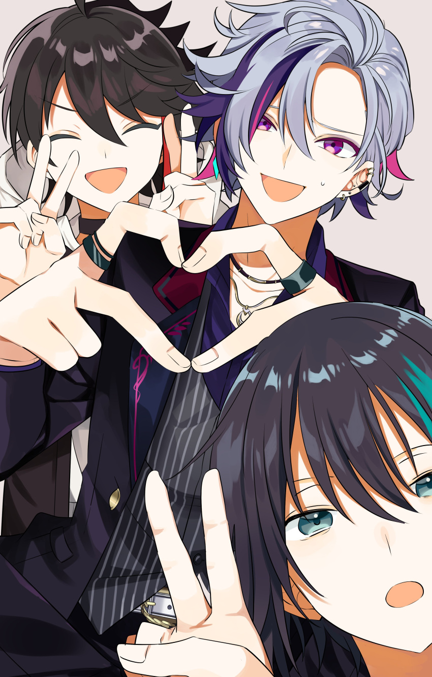 3boys absurdres ahoge belt brown_background brown_choker brown_hair choker closed_eyes double_v ear_piercing earrings fingernails formal fuwa_minato green_eyes green_hair hair_between_eyes heart heart_hands highres hood hood_down hutaba_haru jewelry looking_at_another male_focus mayuzumi_kai multicolored_hair multiple_boys necklace nijisanji open_mouth piercing pink_hair purple_hair purple_suit redhead ring saegusa_akina simple_background single_earring smile streaked_hair striped striped_clothes suit sweat sweatdrop v violet_eyes virtual_youtuber