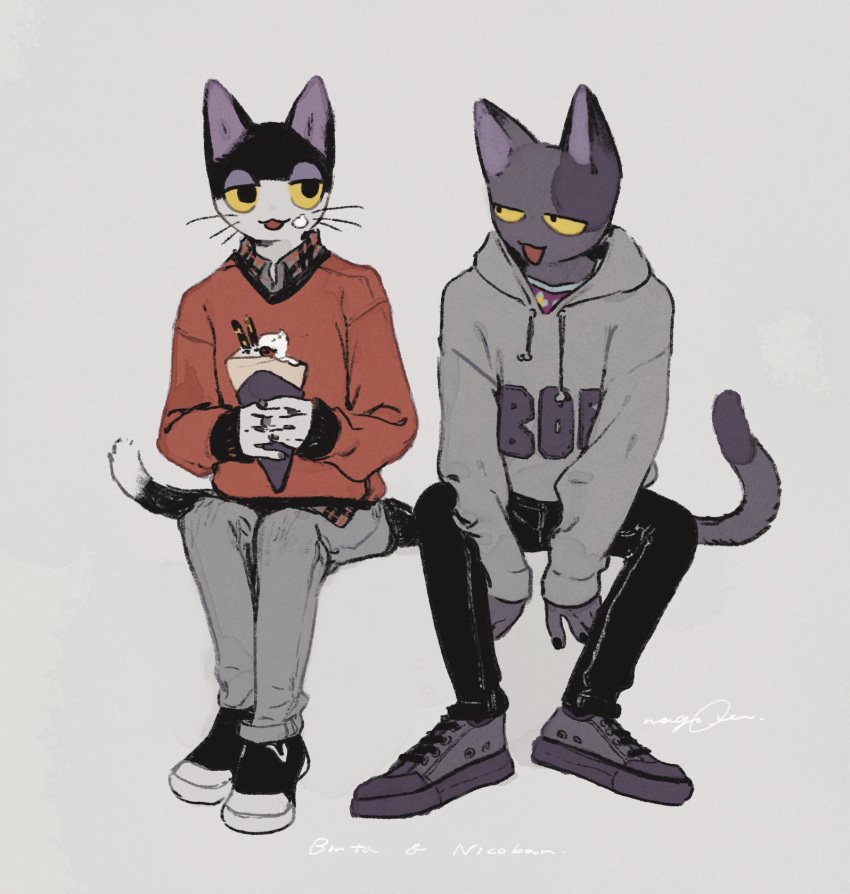 2boys :3 animal_crossing animal_ears between_legs black_eyes black_footwear black_fur black_nails bob_(animal_crossing) body_fur cat_boy cat_ears cat_tail collared_shirt colored_sclera food food_on_face full_body furry furry_male grey_background grey_fur grey_hoodie grey_nails grey_pants grey_shirt hand_between_legs hands_up highres holding holding_food holding_ice_cream hood hood_down hoodie ice_cream jitome long_sleeves looking_at_another male_focus multiple_boys nagabe open_mouth original pants plaid plaid_shirt punchy_(animal_crossing) purple_footwear purple_fur red_sweater shirt shoes sitting sneakers solo sweater tail whiskers yellow_sclera