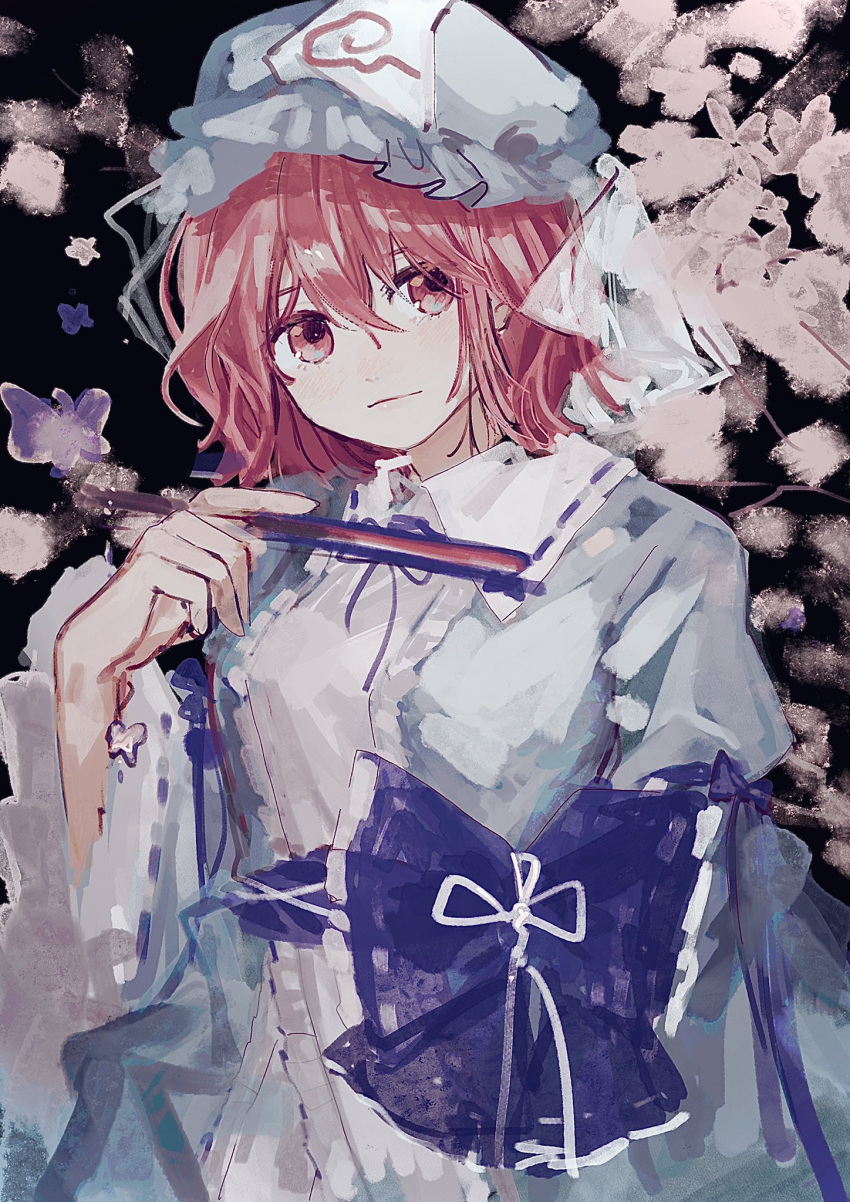 1girl bangs blue_bow blue_headwear blue_kimono blue_ribbon bow closed_mouth commentary folded_fan folding_fan frilled_kimono frills gotagotay hair_between_eyes hair_ribbon hand_fan hand_up hat highres holding holding_fan japanese_clothes kimono long_sleeves looking_at_viewer mob_cap pink_hair ribbon ribbon_trim saigyouji_yuyuko solo touhou triangular_headpiece upper_body waist_bow wide_sleeves
