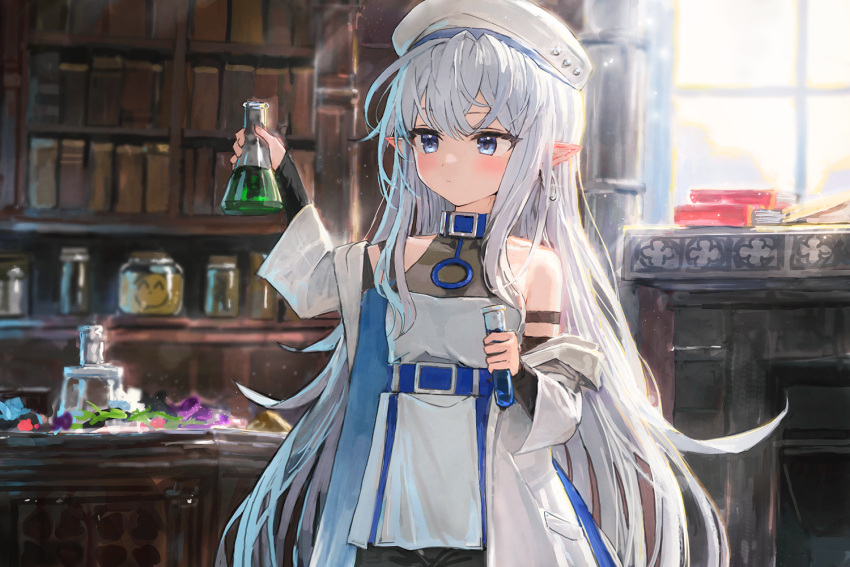 1girl belt blue_collar blue_eyes book bookshelf breasts character_request collar copyright_request day desk detached_sleeves dress hat holding holding_test_tube indoors jar pointy_ears potion small_breasts sonchi standing sunlight test_tube vial white_dress white_hair white_headwear window