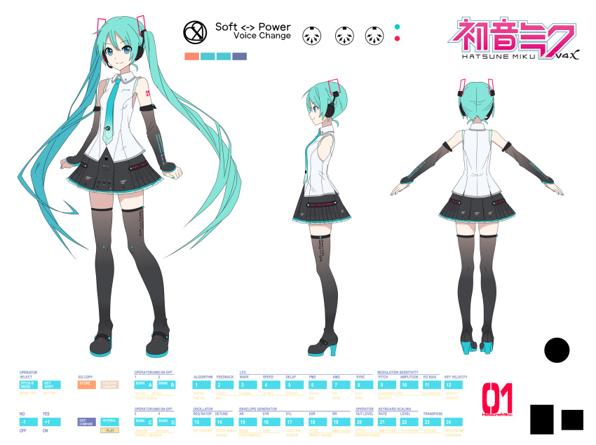 1girl absurdres aqua_eyes aqua_hair arm_tattoo bangs bare_shoulders blue_eyes boots concept_art crypton_future_media detached_sleeves full_body hair_ornament hatsune_miku hatsune_miku_(vocaloid4) headphones headset high_heels highres ixima long_hair looking_at_viewer nail_polish necktie non-web_source official_art piapro pleated_skirt reference_sheet shirt shoulder_tattoo skirt smile standing tattoo thigh-highs transparent_background twintails v4x very_long_hair vocaloid