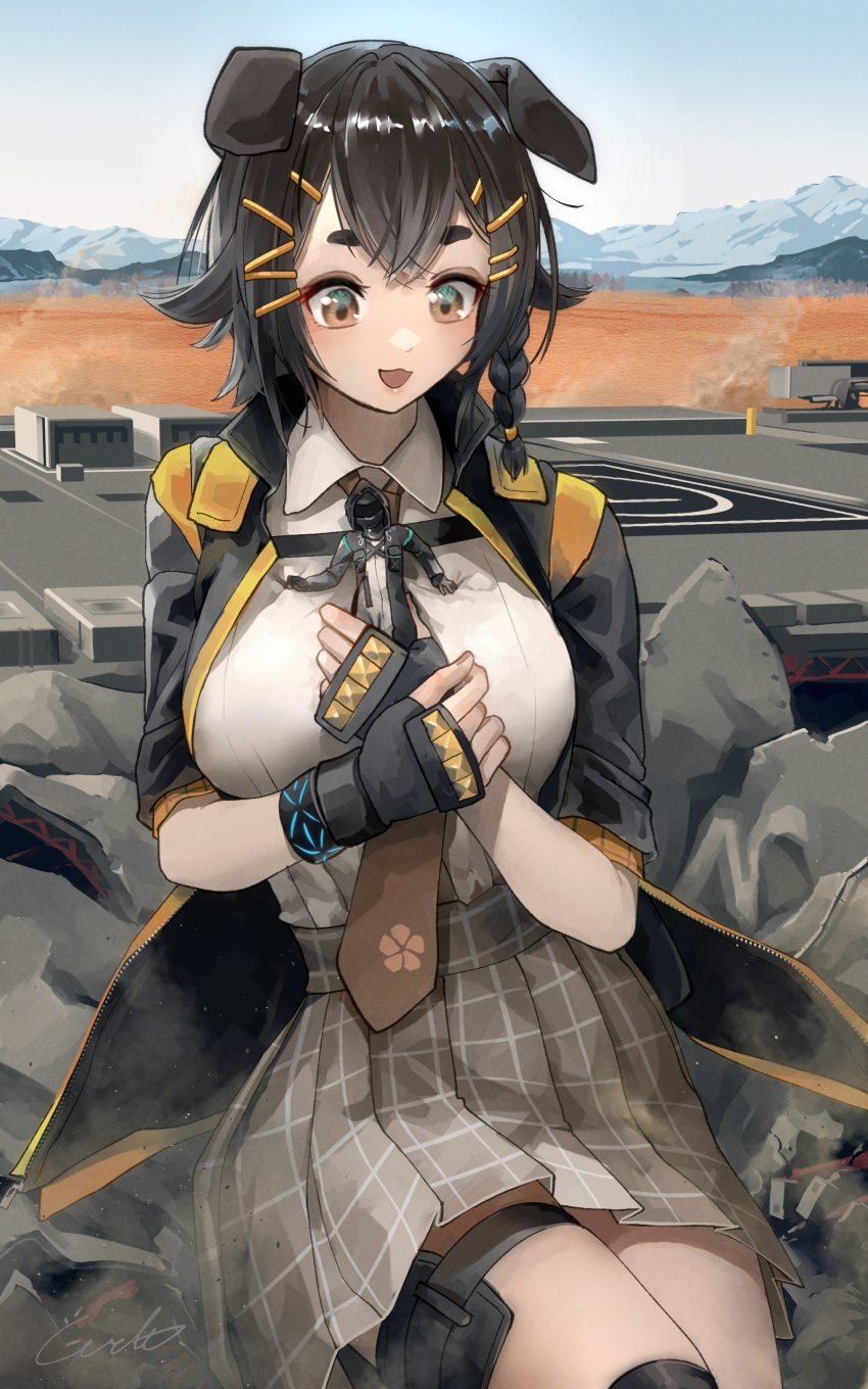 1girl 1other absurdres ambiguous_gender animal_ears arknights black_gloves black_hair black_jacket braid brown_eyes brown_necktie collared_shirt doctor_(arknights) dog_ears dog_girl fingerless_gloves giant giantess gloves grey_skirt hair_ornament highres jacket jackie_(arknights) necktie open_clothes open_jacket open_mouth plaid plaid_skirt pleated_skirt shirt short_hair side_braid sitting size_difference skirt smile welt_(kinsei_koutenkyoku) white_shirt