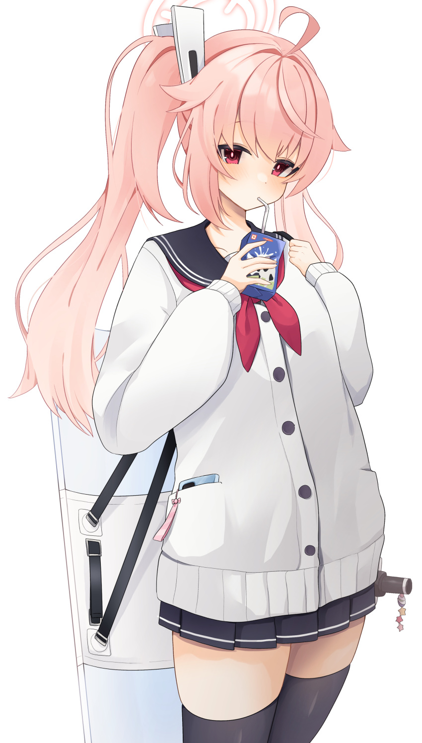 1girl absurdres ahoge black_skirt black_thighhighs blue_archive blush carton cellphone charm_(object) drinking drinking_straw halo highres holding holding_carton long_hair looking_at_viewer milk_carton natsu_(blue_archive) phone pink_hair pink_pupils red_eyes school_uniform sentouryoku_5 serafuku simple_background skindentation skirt solo star_(symbol) thigh-highs twintails white_background