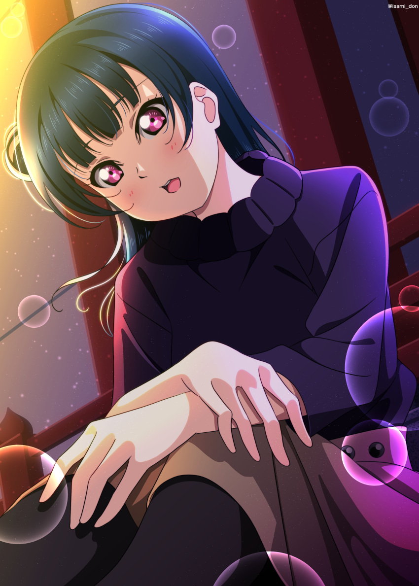 1girl absurdres artist_name black_pantyhose blush brown_skirt commentary_request dark_blue_hair hair_bun highres isami_don lens_flare long_hair looking_at_viewer love_live! love_live!_sunshine!! open_mouth pantyhose purple_sweater sitting skirt solo sweater tsushima_yoshiko violet_eyes