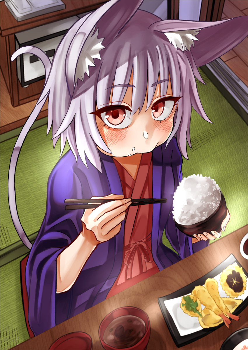 1girl absurdres alternate_costume animal_ears bowl chopsticks eating food from_above ginger_ale_(syouga_6383) highres holding holding_chopsticks indoors nazrin noodles rice rice_bowl solo table tatami touhou