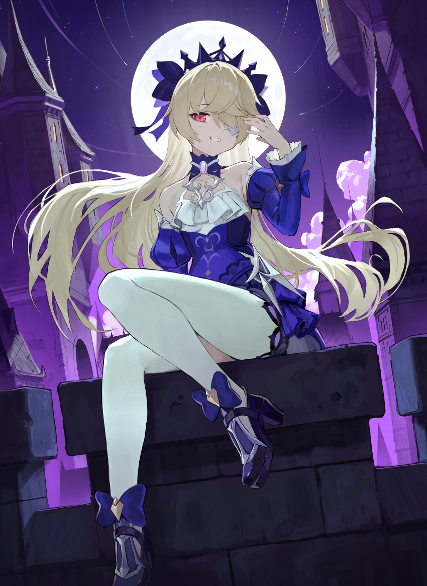 1girl absurdres bare_shoulders blonde_hair blue_bow blue_sleeves bow castle choker detached_sleeves dress english_commentary eyepatch fischl_(ein_immernachtstraum)_(genshin_impact) fischl_(genshin_impact) floating_hair frilled_choker frills full_body genshin_impact grin hair_over_one_eye hair_ribbon hand_up high_heels highres juliet_sleeves knee_up long_hair long_sleeves looking_at_viewer moon official_alternate_costume outdoors pink_gemstone puffy_sleeves purple_dress purple_footwear purple_ribbon red_eyes ribbon sitting smile solo thigh-highs tiara vertigris white_thighhighs