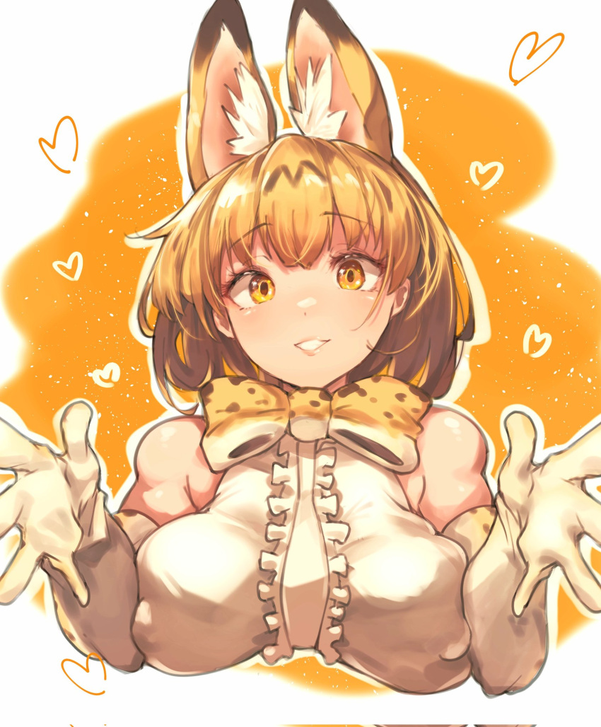 1girl animal_costume animal_ear_fluff animal_ears blonde_hair blush bow bowtie breasts cat_ears cat_girl elbow_gloves gloves heart highres iparupua kemono_friends large_breasts looking_at_viewer open_mouth serval_(kemono_friends) shirt short_hair simple_background sleeveless sleeveless_shirt smile solo white_shirt yellow_eyes