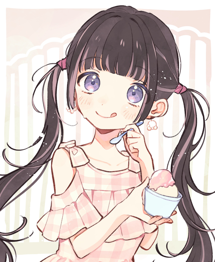 1girl bangs blunt_bangs blush bow brown_hair clothing_cutout double_scoop dress earrings food frilled_dress frills hair_tie highres holding holding_ice_cream holding_spoon ice_cream ice_cream_cup jewelry long_hair mameyanagi multicolored_hair nail_polish off-shoulder_dress off_shoulder original pink_hair plaid plaid_dress shoulder_cutout smile solo spoon streaked_hair sweat tongue tongue_out twintails two-tone_hair violet_eyes