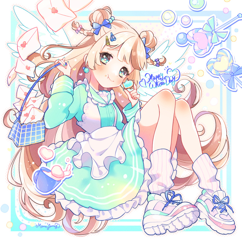 1girl bag bangs blonde_hair blue_eyes blush braid brown_hair candy candy_hair_ornament chewing collared_dress cookie crumbs cup double_bun dress earrings envelope food food-themed_hair_ornament food_on_face hair_bun hair_ornament hair_ribbon hairclip happy_white_day heart heart-shaped_cookie heart-shaped_pupils heart_lollipop highres holding holding_bag holding_cookie holding_food jewelry knees_up konpeitou lollipop long_hair long_sleeves loose_socks love_letter mameyanagi mug multicolored_hair original pinafore_dress ribbon shaped_lollipop shoes smile sneakers solo spill streaked_hair swirl_lollipop symbol-shaped_pupils two-tone_hair two_side_up very_long_hair white_day wings