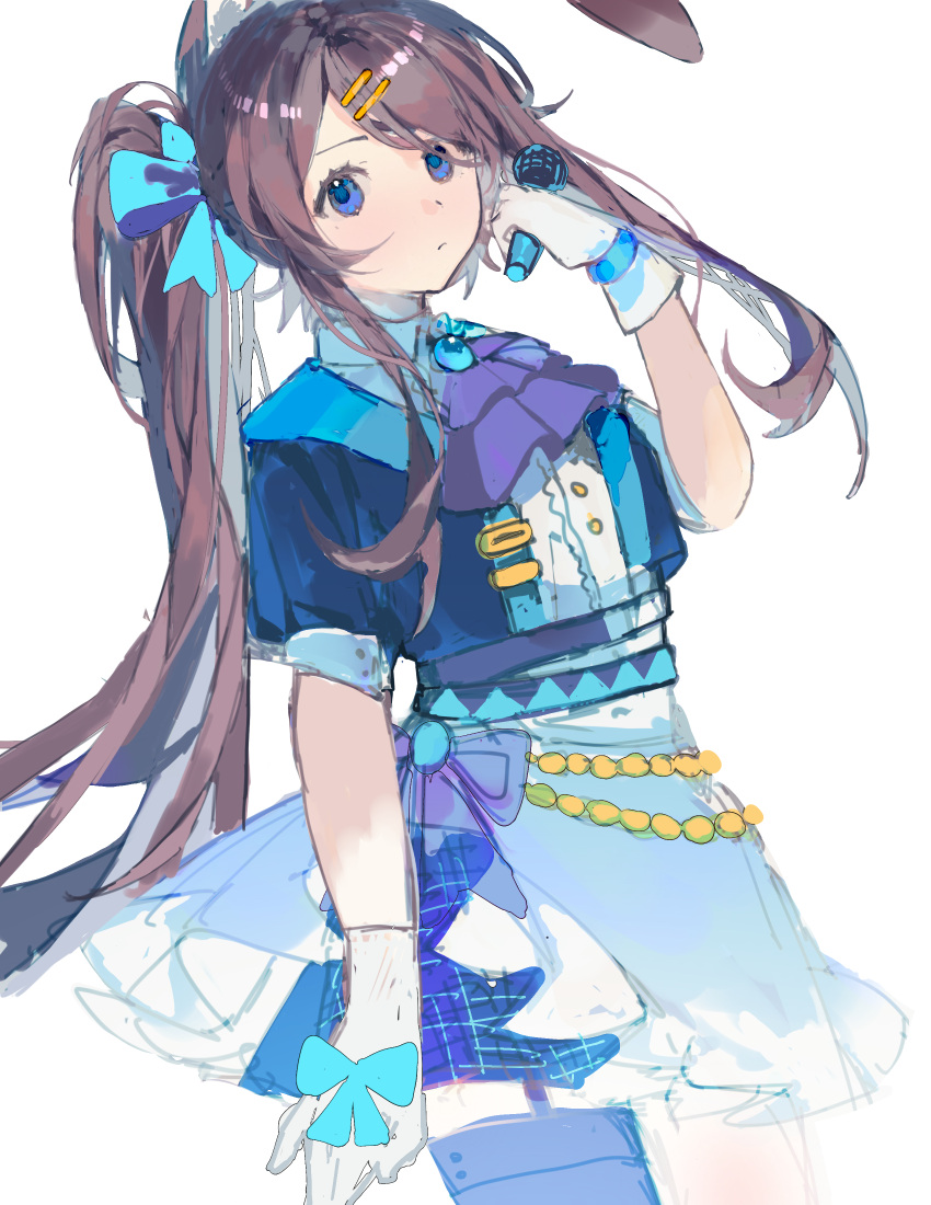 1girl absurdres amiya_(arknights) animal_ear_fluff animal_ears arknights bangs blue_bow blue_eyes blue_jacket blue_thighhighs bow brown_hair closed_mouth collared_shirt garter_straps gloves gu81268830 hair_bow hair_ornament hairclip hand_up highres holding holding_microphone jacket long_hair microphone puffy_short_sleeves puffy_sleeves rabbit_ears shirt short_sleeves side_ponytail simple_background single_thighhigh skirt solo swept_bangs thigh-highs very_long_hair white_background white_gloves white_shirt white_skirt