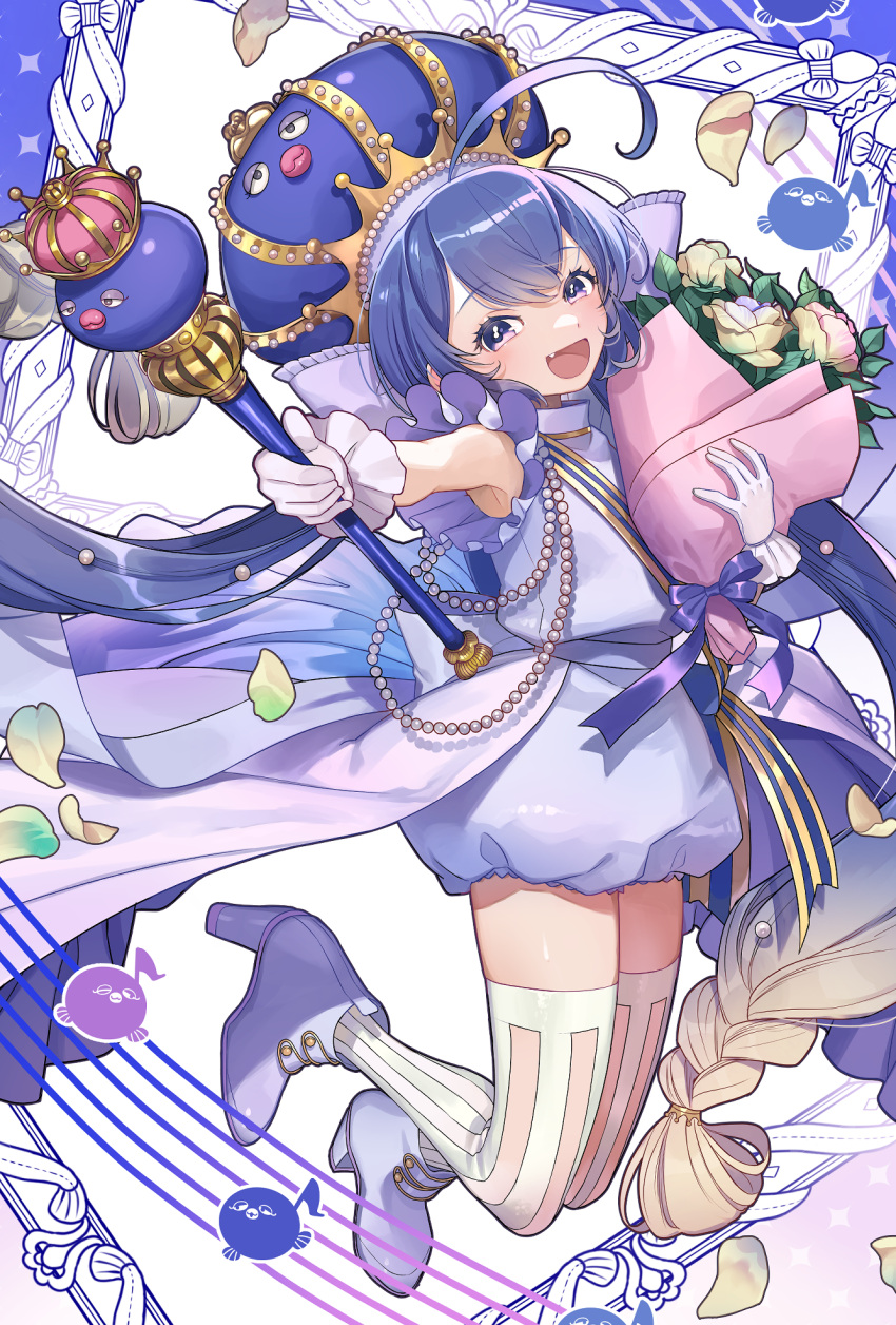 1girl blue_eyes blue_hair blue_headwear bouquet cherico commentary crown dress eel_hat falling_petals fang flower foreshortening gem gloves gradient_hair high_heels highres holding holding_bouquet holding_scepter jewelry large_hat legs_up lips long_hair midair multicolored_hair open_mouth otomachi_una pearl_(gemstone) petals picture_frame purple_dress rose scepter smile solo thigh-highs twintails very_long_hair vocaloid voiceroid white_flower white_gloves white_rose white_thighhighs