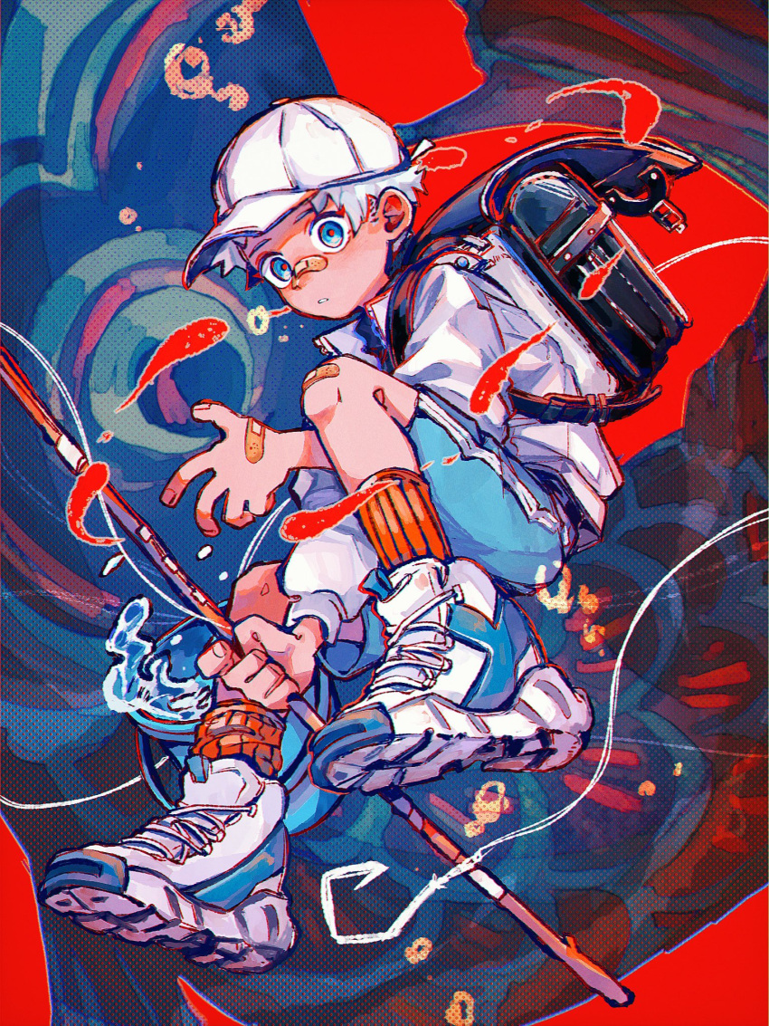 1boy asymmetrical_legwear backpack bag bandaid bandaid_on_face bandaid_on_hand bandaid_on_nose baseball_cap black_bag blue_background blue_eyes blue_footwear blue_shorts bucket calf_socks fishing_rod floating full_body hat hata_kiwi highres holding holding_fishing_rod jacket knees_up long_sleeves looking_at_viewer male_focus original parted_lips red_background red_pupils red_socks shoes short_hair shorts sneakers socks solo uneven_legwear water white_footwear white_hair white_headwear white_jacket