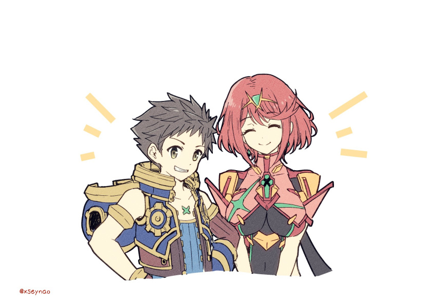 1boy 1girl black_hair breasts closed_eyes closed_mouth cropped_torso grin highres large_breasts looking_at_viewer mochimochi_(xseynao) pyra_(xenoblade) redhead rex_(xenoblade) short_hair simple_background smile spiky_hair white_background xenoblade_chronicles_(series) xenoblade_chronicles_2