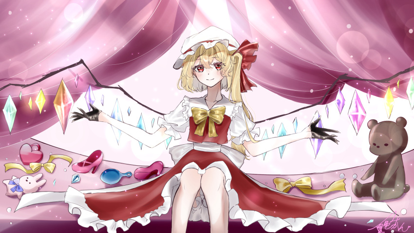 1girl 72mikan_1687 absurdres back_bow bow closed_mouth crystal feet_out_of_frame flandre_day flandre_scarlet frilled_shirt_collar frilled_skirt frilled_sleeves frills glowing glowing_wings hair_between_eyes hat hat_ribbon high_heels highres long_hair looking_at_viewer mob_cap multicolored_wings pink_background puffy_short_sleeves puffy_sleeves red_eyes red_ribbon red_skirt red_vest ribbon shirt short_sleeves side_ponytail sitting skirt smile solo stuffed_animal stuffed_toy teddy_bear touhou vest white_bow white_headwear white_shirt wings