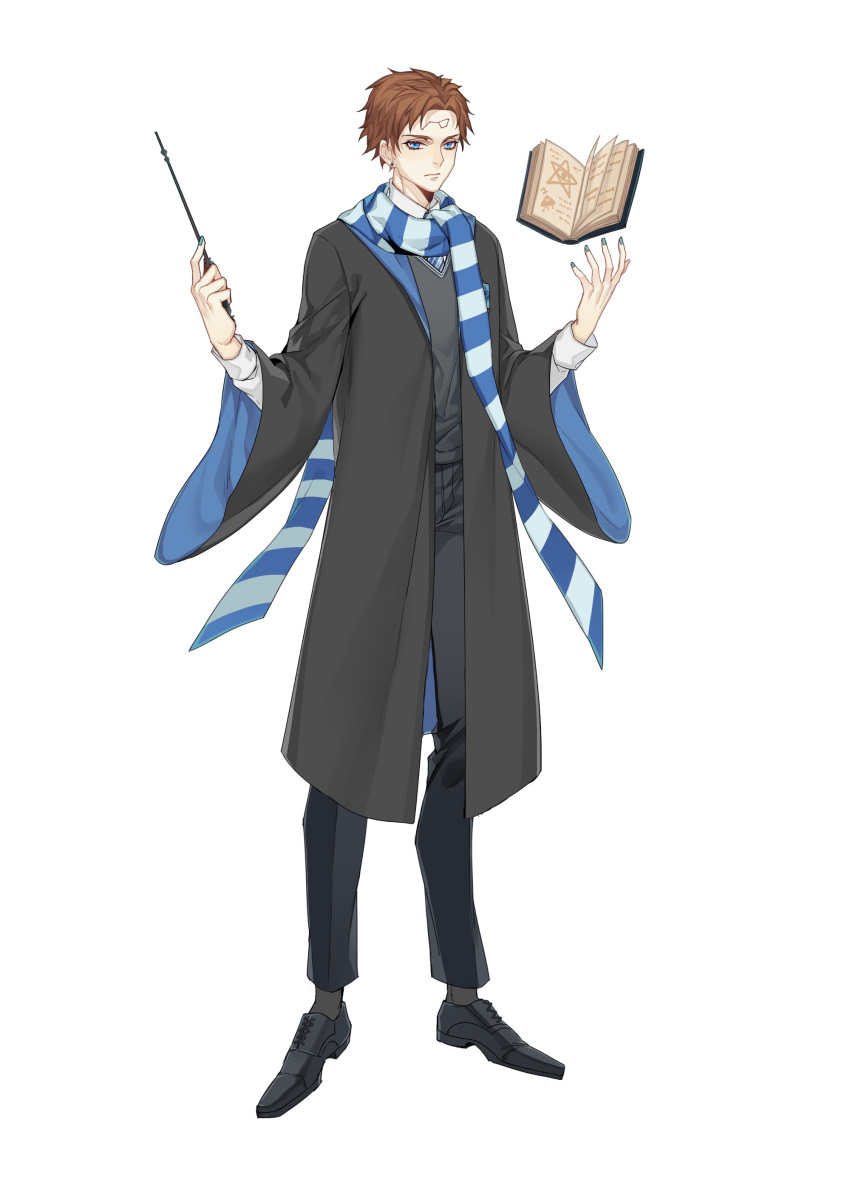 1boy absurdres bangs black_coat black_footwear black_pants blue_scarf book brown_hair coat collared_shirt constellation cosplay dipper_gleeful dipper_pines facial_mark floating floating_book floating_object forehead_mark full_body gravity_falls grey_socks grey_sweater grimoire hands_up harry_potter_(series) highres hogwarts_school_uniform holding holding_wand legs_apart long_sleeves looking_at_viewer male_focus pants ravenclaw reverse_pines rjun1431 scarf school_uniform shirt shoes short_hair simple_background socks solo standing striped striped_scarf sweater two-sided_coat w_arms wand white_background wide_sleeves