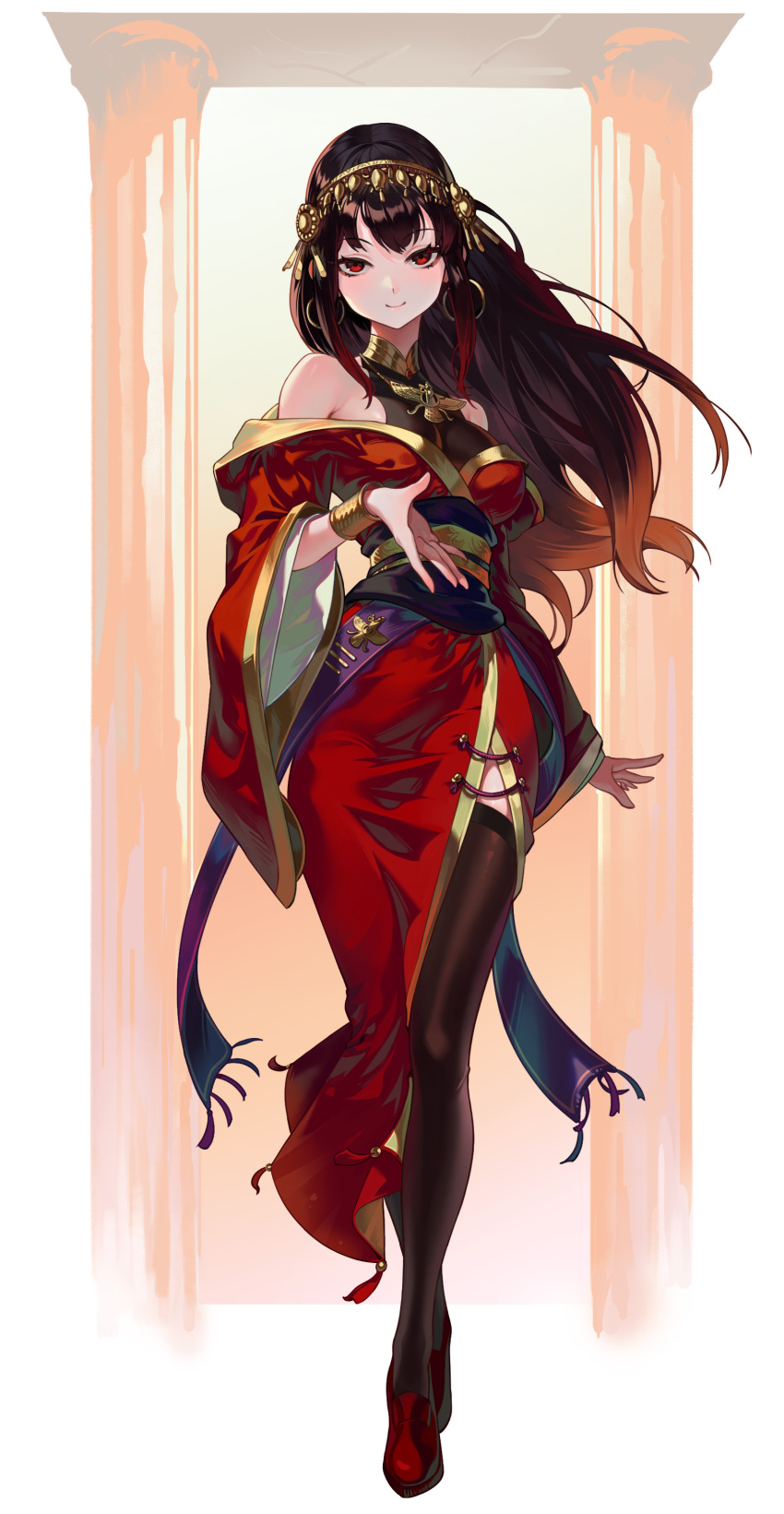 1girl absurdres bare_shoulders black_hair bracelet breasts brown_hair china_dress chinese_clothes copyright_request dress earrings english_commentary full_body gemi_ningen gradient_hair highres jewelry large_breasts looking_at_viewer multicolored_hair necklace novel_illustration official_art original pillar red_eyes redhead sash simple_background smile solo thigh-highs