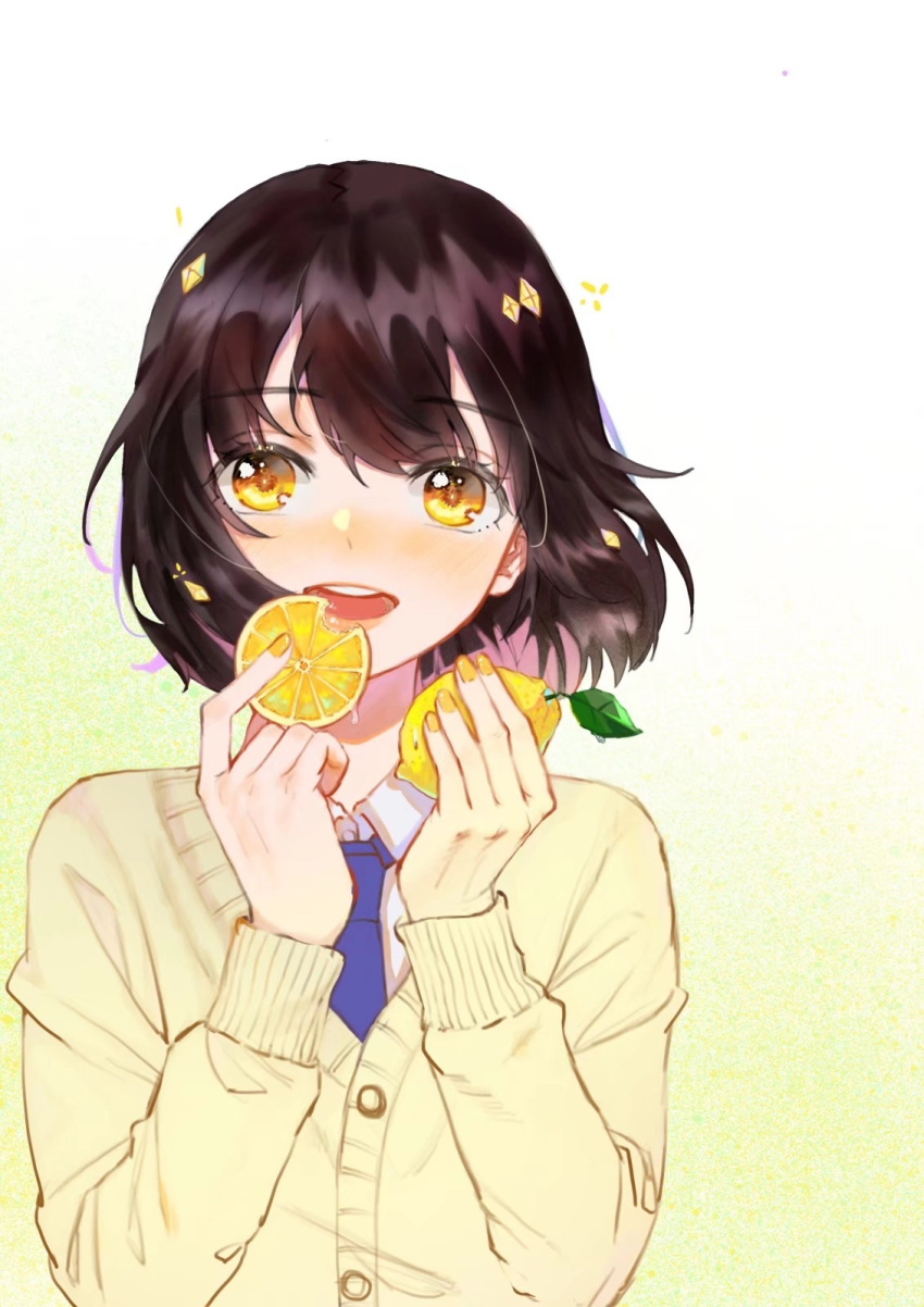 1girl :d bangs blue_necktie brown_hair cardigan collared_shirt floating_hair food fruit hair_between_eyes highres holding holding_food holding_fruit lemon long_sleeves looking_at_viewer nail_polish necktie negai_(48282230) open_mouth original shiny shiny_hair shirt short_hair simple_background smile solo straight_hair upper_body white_background white_shirt wing_collar yellow_cardigan yellow_eyes yellow_nails