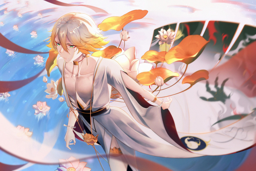 1boy absurdres bare_pectorals bishounen blonde_hair earrings flower green_eyes highres japanese_clothes jewelry lotus lotus_earrings lotus_hair_ornament male_focus onmyoji pectorals robotnoa short_hair solo string_choker taishakuten_(onmyoji) wading water waves