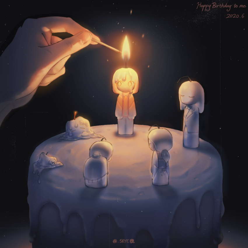 1other age_progression artist_name birthday_cake cake candle commentary dark dated english_commentary english_text fire food happy_birthday highres holding holding_matchstick light_particles matches melting original out_of_frame pov pov_hands skye_wei solo symbolism
