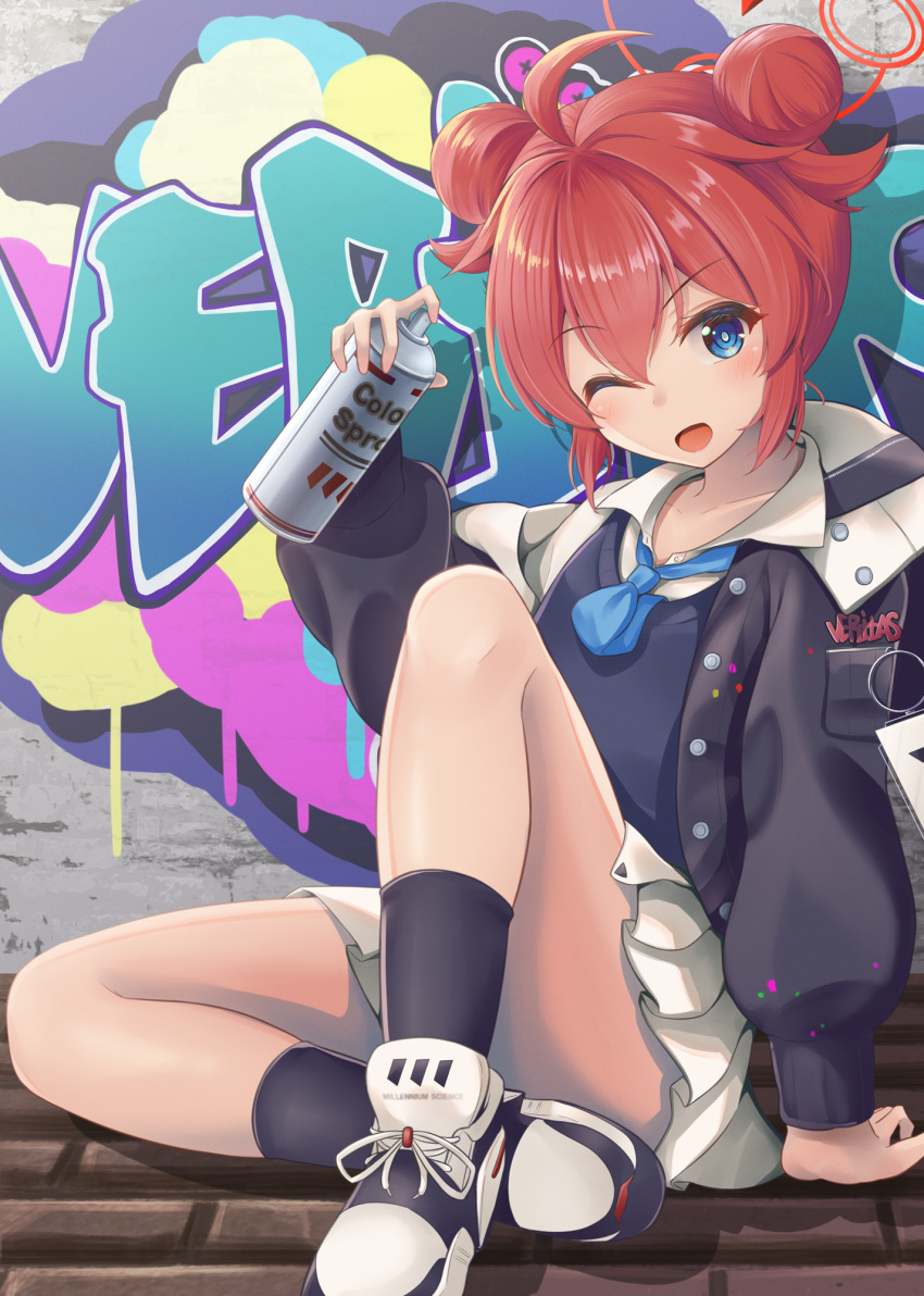 1girl ;d ahoge bangs blue_archive blue_eyes blue_necktie collared_shirt double_bun graffiti hair_bun halo highres holding jacket light_blush long_sleeves looking_at_viewer maki_(blue_archive) minakami_mimimi necktie on_floor one_eye_closed open_mouth paint_on_clothes redhead shirt shoes short_hair sitting skirt smile sneakers solo spray_can spray_paint