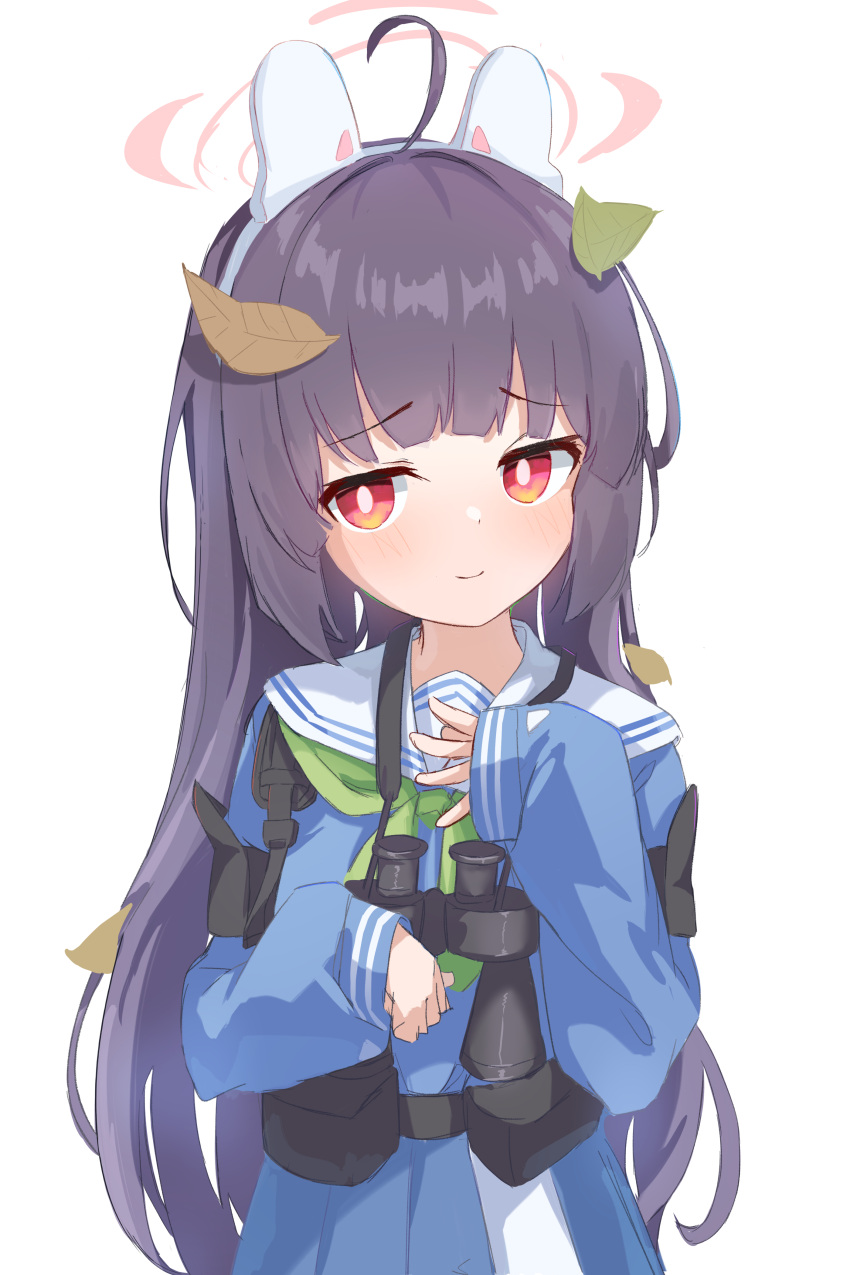 1girl absurdres ahoge animal_ears bangs binoculars black_hair blue_archive blue_serafuku blue_shirt blue_skirt blunt_bangs blush bright_pupils closed_mouth english_commentary eyelashes fake_animal_ears green_neckerchief hairband halo hand_up highres leaf leaf_on_head long_hair long_sleeves looking_at_viewer miyu_(blue_archive) neckerchief pleated_skirt pouch rabbit_ears raised_eyebrows red_eyes sailor_collar school_uniform serafuku shirt sidelocks skirt sleeve_cuffs sleeves_past_wrists smile solo standing very_long_hair wep16night white_background white_hairband white_sailor_collar