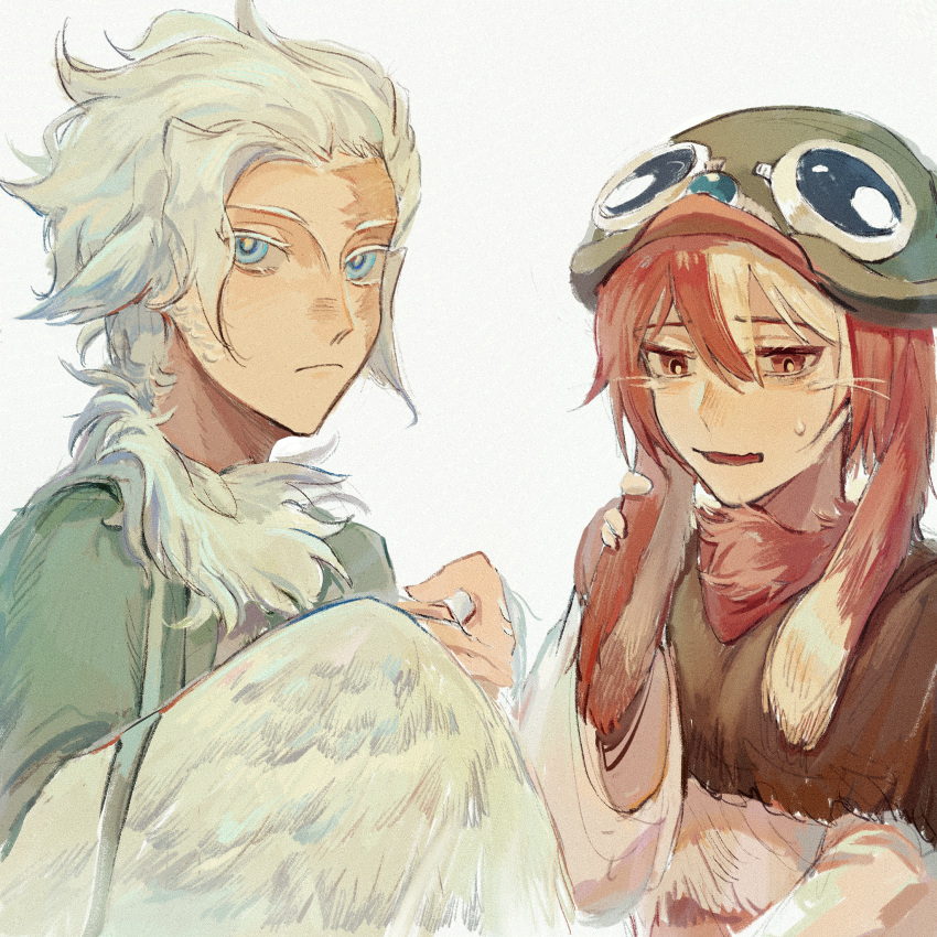 1boy 1girl animal_ears bangs belafu_(human) bird_boy bird_ears bird_wings blonde_hair blue_eyes body_fur burn_scar chinese_commentary colored_eyelashes commentary_request feathered_wings feathers floppy_ears from_side green_headwear hair_between_eyes hand_on_ear hand_up helmet highres lese_fanyingdui looking_down looking_up made_in_abyss multicolored_hair open_mouth rabbit_ears red_eyes redhead scar scar_on_face short_hair simple_background sweatdrop two-tone_hair upper_body veko whiskers white_background white_hair white_wings winged_arms wings