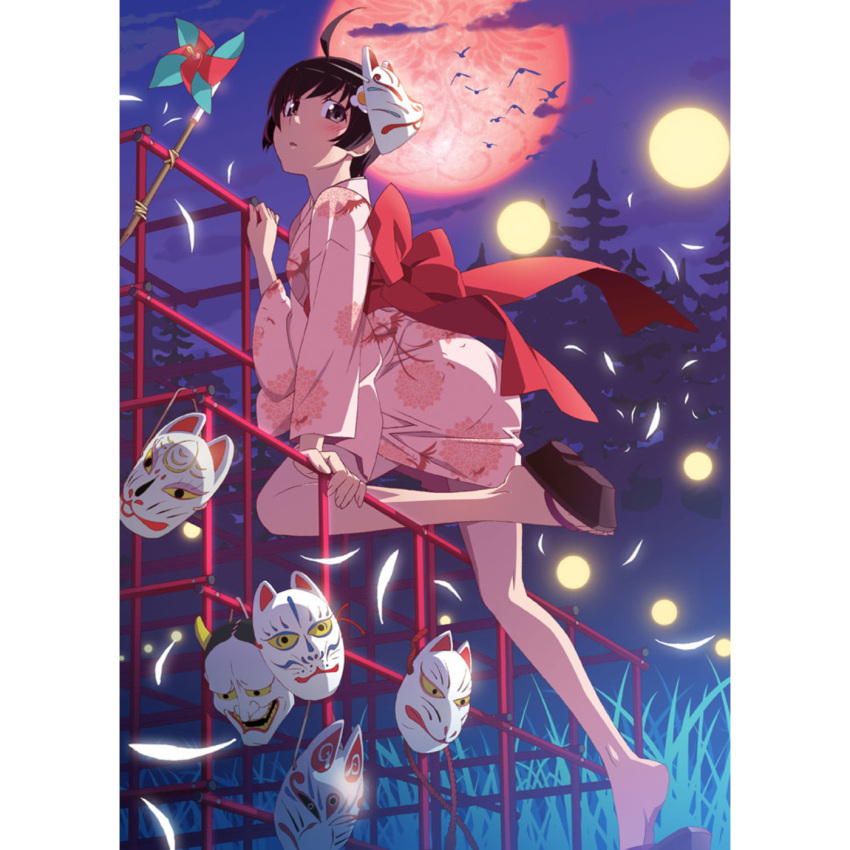 1girl ahoge araragi_tsukihi ass bakemonogatari barefoot bird black_eyes black_hair blush clouds feathers fox_mask full_moon highres japanese_clothes jungle_gym kimono legs long_legs looking_at_viewer mask monogatari_(series) moon night night_sky nisemonogatari obi official_art pillarboxed pink_kimono pinwheel print_kimono red_moon sandals sash shadow shoe_dangle short_hair short_kimono short_yukata sky soles solo watanabe_akio yukata