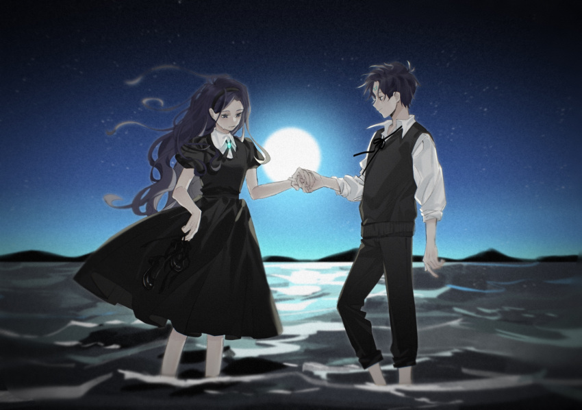 1boy 1girl arm_at_side black_dress black_footwear black_hair black_pants black_ribbon blurry breasts brooch brother_and_sister collared_shirt cross_tie crying depth_of_field dipper_gleeful dipper_pines dress floating_hair full_moon glowing gravity_falls hairband high_heels highres holding holding_clothes holding_footwear holding_hands jewelry lake light_smile llwwdouyacaier long_hair long_sleeves looking_at_another looking_away looking_down mabel_gleeful mabel_pines moon mountainous_horizon neck_ribbon night night_sky outdoors pants pinafore_dress profile puffy_short_sleeves puffy_sleeves ribbon shirt shoes shoes_removed short_hair short_sleeves siblings sky sleeves_rolled_up standing star_(sky) sweater_vest tears very_long_hair wading water white_shirt wind