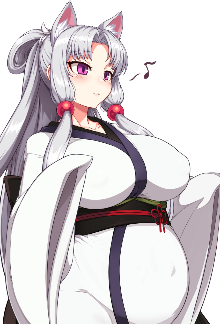 1girl :3 animal_ears blush breasts cat clenched_hands commentary_request covered_navel eyebrows_visible_through_hair fang fighting_stance fox_ears grey_hair groin japanese_clothes kimono large_breasts long_hair long_sleeves musical_note null_(nyanpyoun) pregnant purple_eyes sidelocks simple_background sleeveless smile solo tail touhoku_itako very_long_hair voiceroid white_background