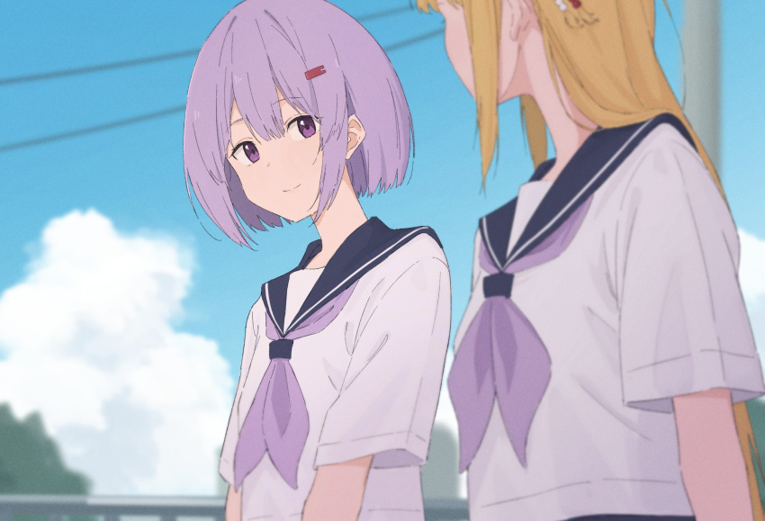 2girls a.i._voice beads blonde_hair blue_sailor_collar blurry collared_shirt day depth_of_field hair_beads hair_ornament hairclip handrail highres long_hair looking_at_another minatsuki_(m1natsuk1) multiple_girls necktie outdoors power_lines purple_hair purple_necktie sailor_collar school_uniform shirt short_hair short_sleeves smile tsurumaki_maki upper_body violet_eyes vocaloid voiceroid white_shirt yuzuki_yukari yuzuki_yukari_(shizuku)