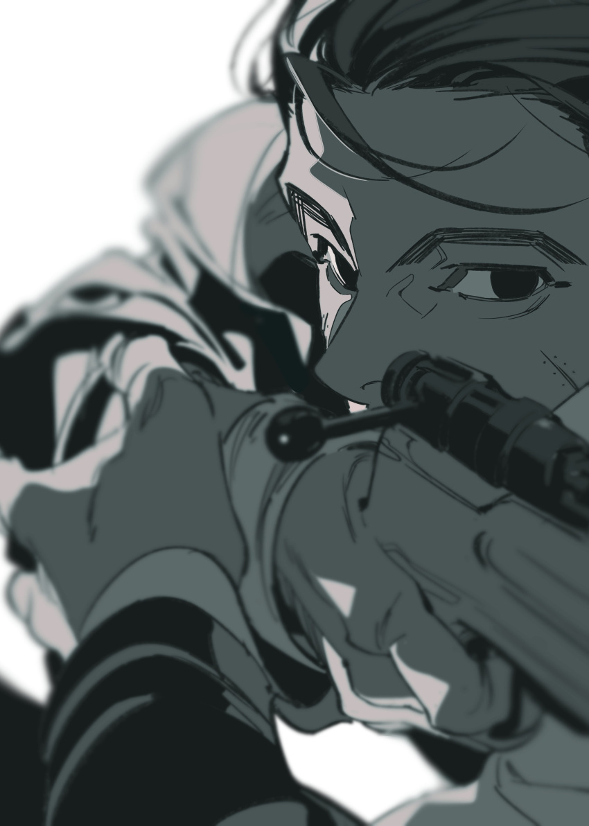 1boy absurdres aiming black_hair golden_kamuy greyscale gun hair_pulled_back highres long_sleeves male_focus military military_uniform monochrome ogata_hyakunosuke rifle scar scar_on_cheek scar_on_face solo uniform weapon yoneyama_mai