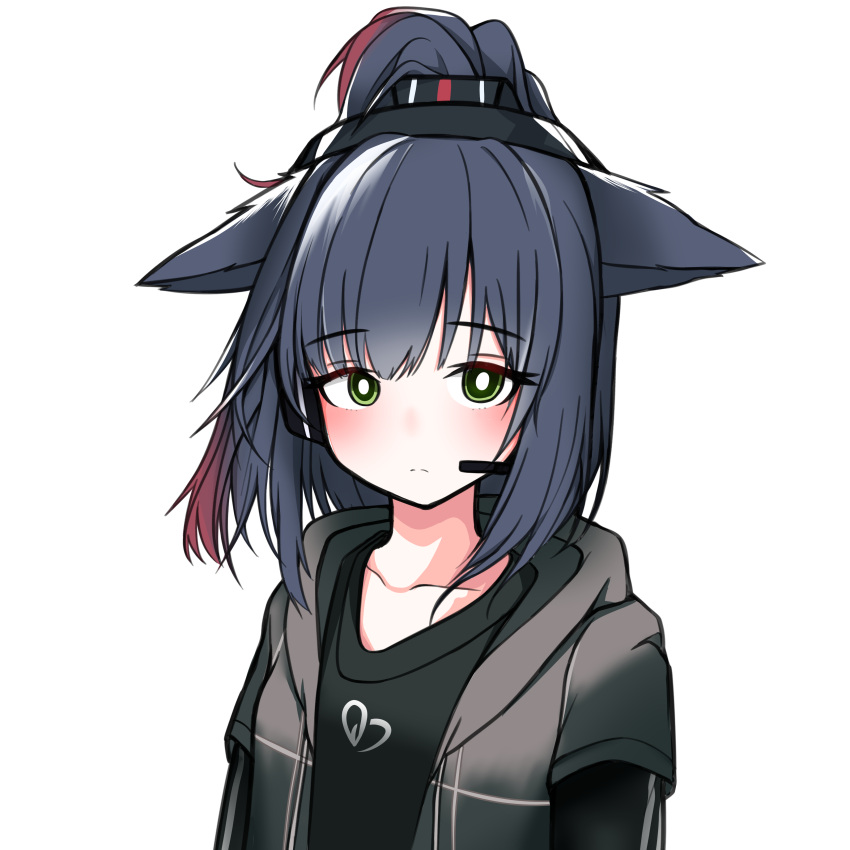 1girl absurdres animal_ears arknights black_shirt blue_hair cat_ears cat_girl geulaendeuseupeullo green_eyes grey_jacket headset highres hood hood_down hooded_jacket implied_extra_ears jacket jessica_(arknights) long_sleeves looking_at_viewer multicolored_hair open_clothes open_jacket ponytail redhead shirt simple_background solo streaked_hair upper_body white_background